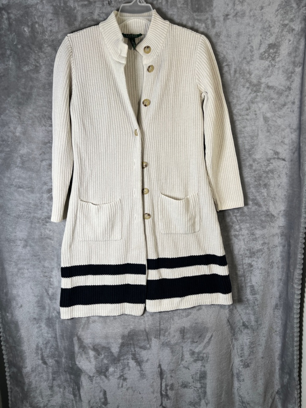 Ralph Lauren Cream Ribbed Knit Cardigan with Brown Buttons